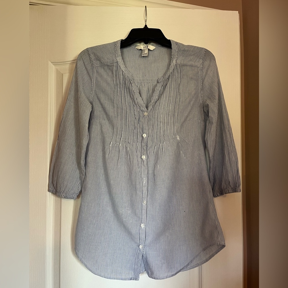 Free with purchase - Forever 21 Blue 3/4 Sleeve Pleated Bib Collar Blouse
